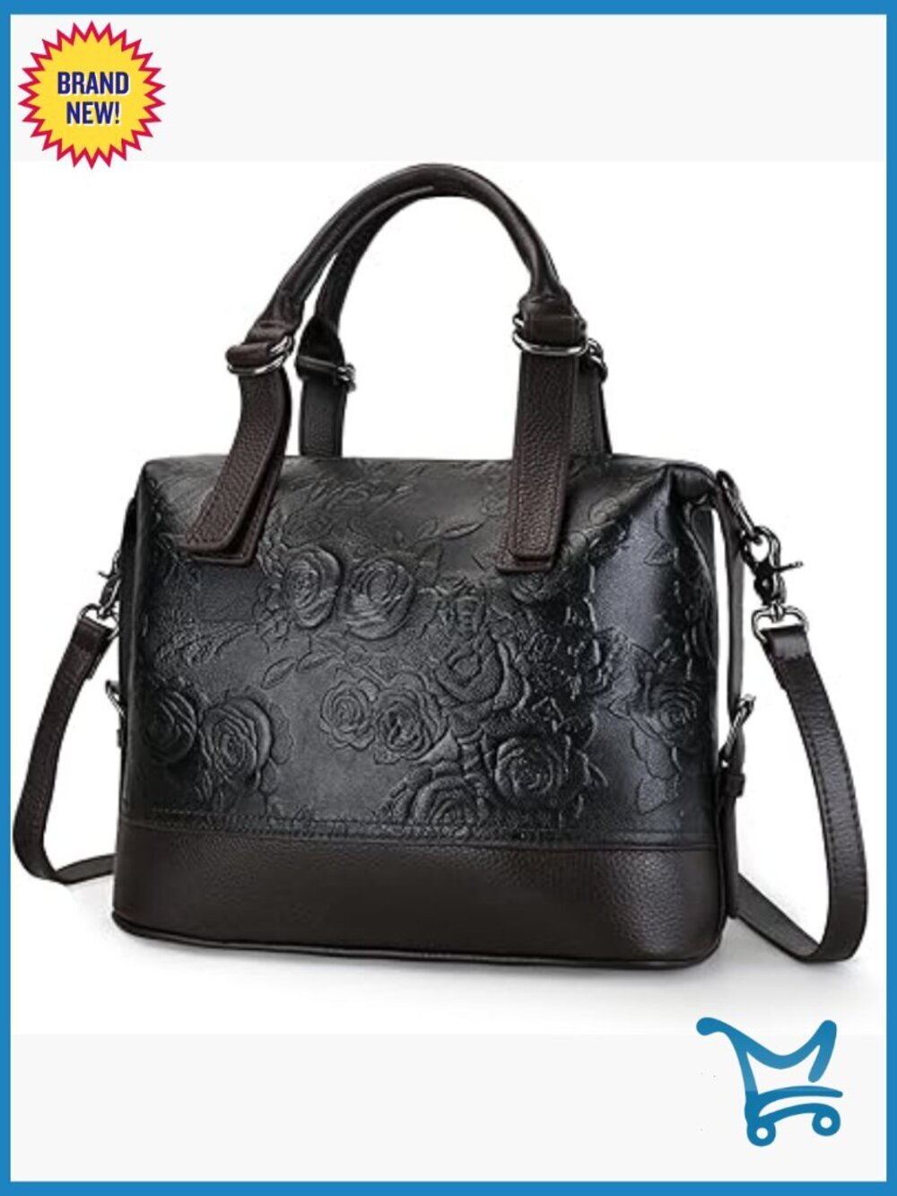 Leather Shoulder Tote Satchel with Embossed Rose Pattern, Adjustable Strap